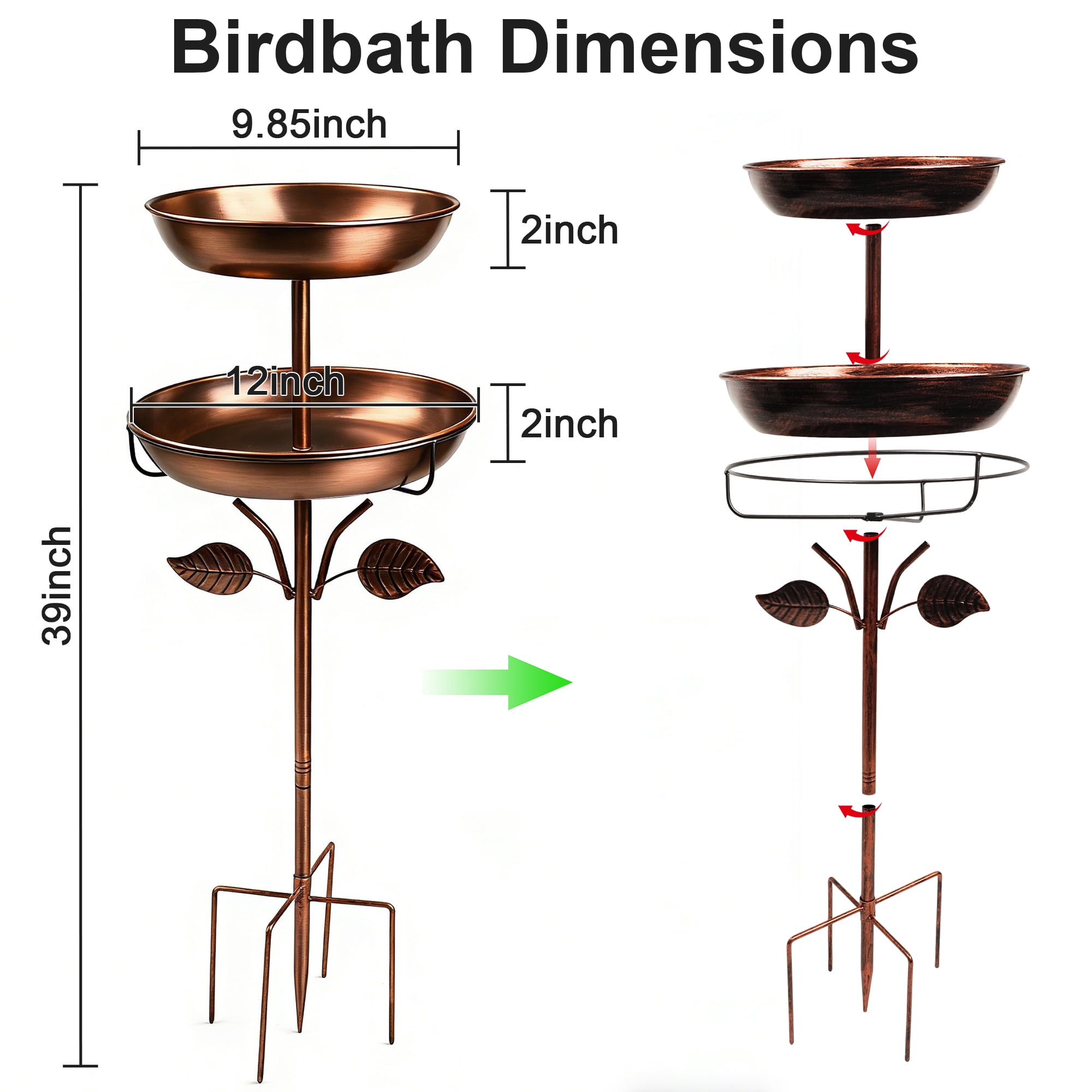 Bird Bath for Outside, 45In Vintage Freestanding Birdbath for Outdoors, Double Metal Bird Bath Feeder Bowls for Garden Patio Yard Lawn Decor, Upgraded 5-Pronged Base