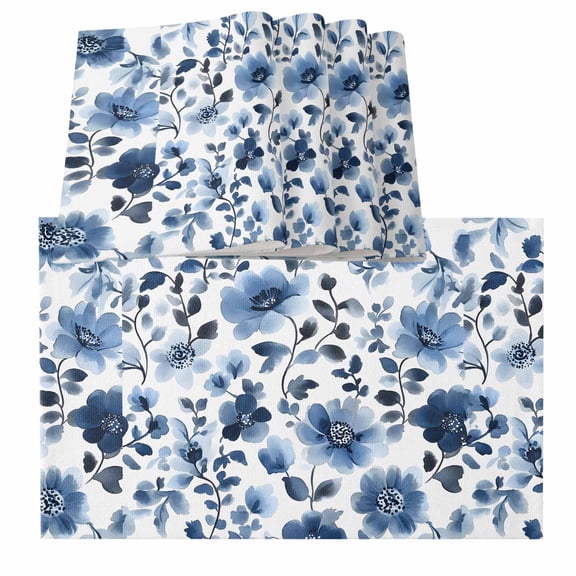 Blue Flowers Placemats for Dinning Table Set of 4, Spring Rustic Watercolor Floral Leaves Burlap Kitchen Place Mats Waterproof Cloth Table Mats, Indoor Outdoor Placemats Easy Clean Dinner Decor