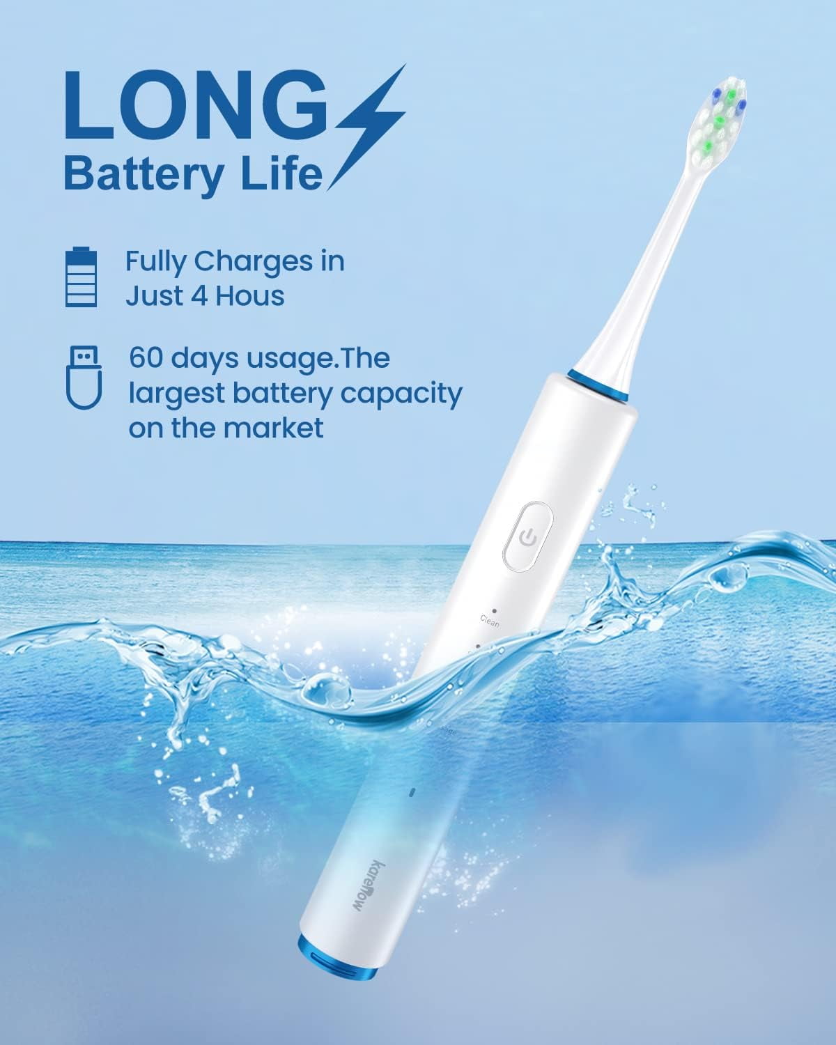 Karenow Electric Toothbrush, 8 Brush Heads, 4 Modes, One Charge for 60 Days, 40000 VPM Rechargeable Power Toothbrush, IPX7 Waterproof Electric Toothbrush for Adults