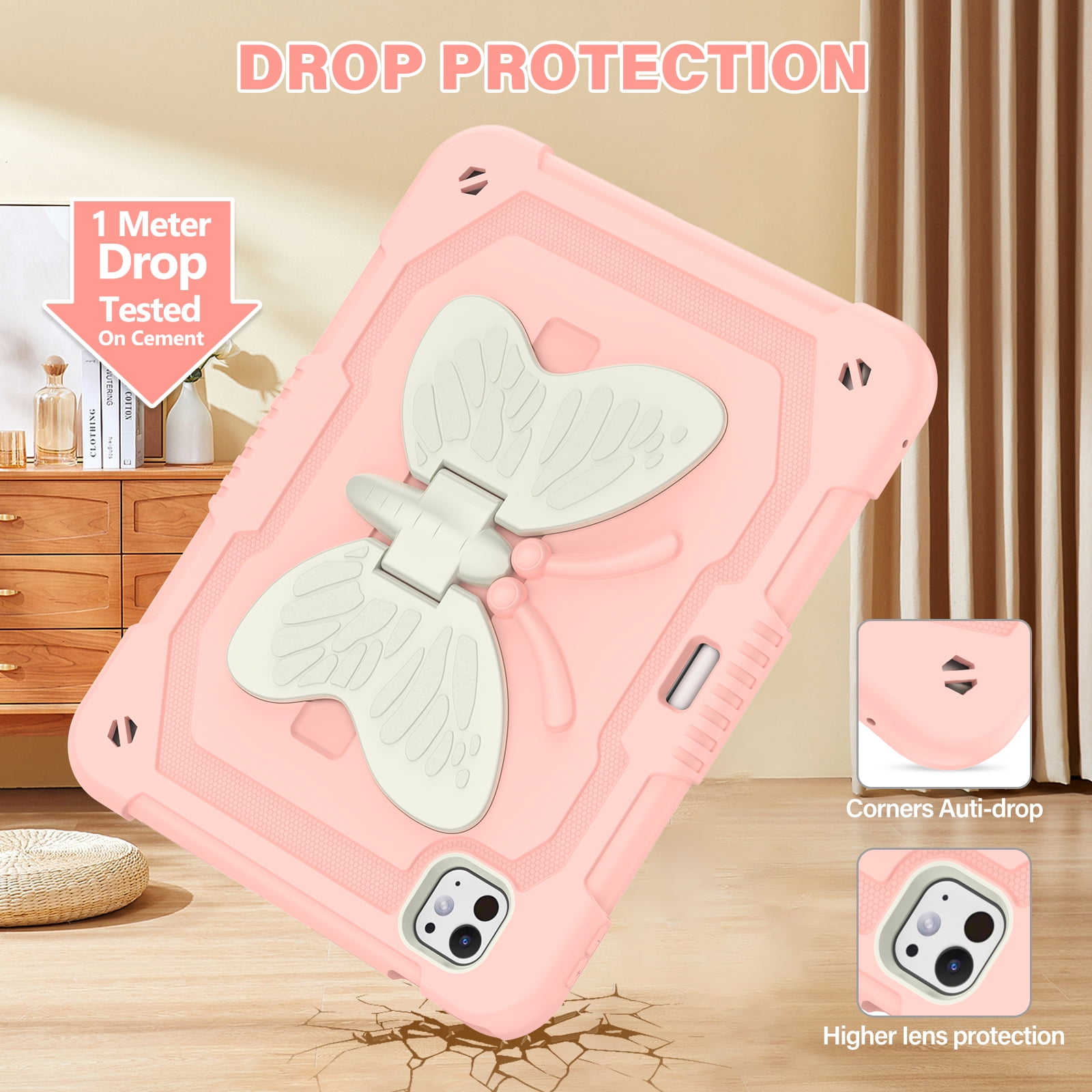 Allytechgroup iPad Pro 11 M4 2024 Case, Cute Butterfly Design Heavy Duty Shockproof Shoulder Strap Pencil Holder Kickstand Bumper Kids Friendly Rugged Case for Apple iPad Pro 11" 2024,Pink+Beige