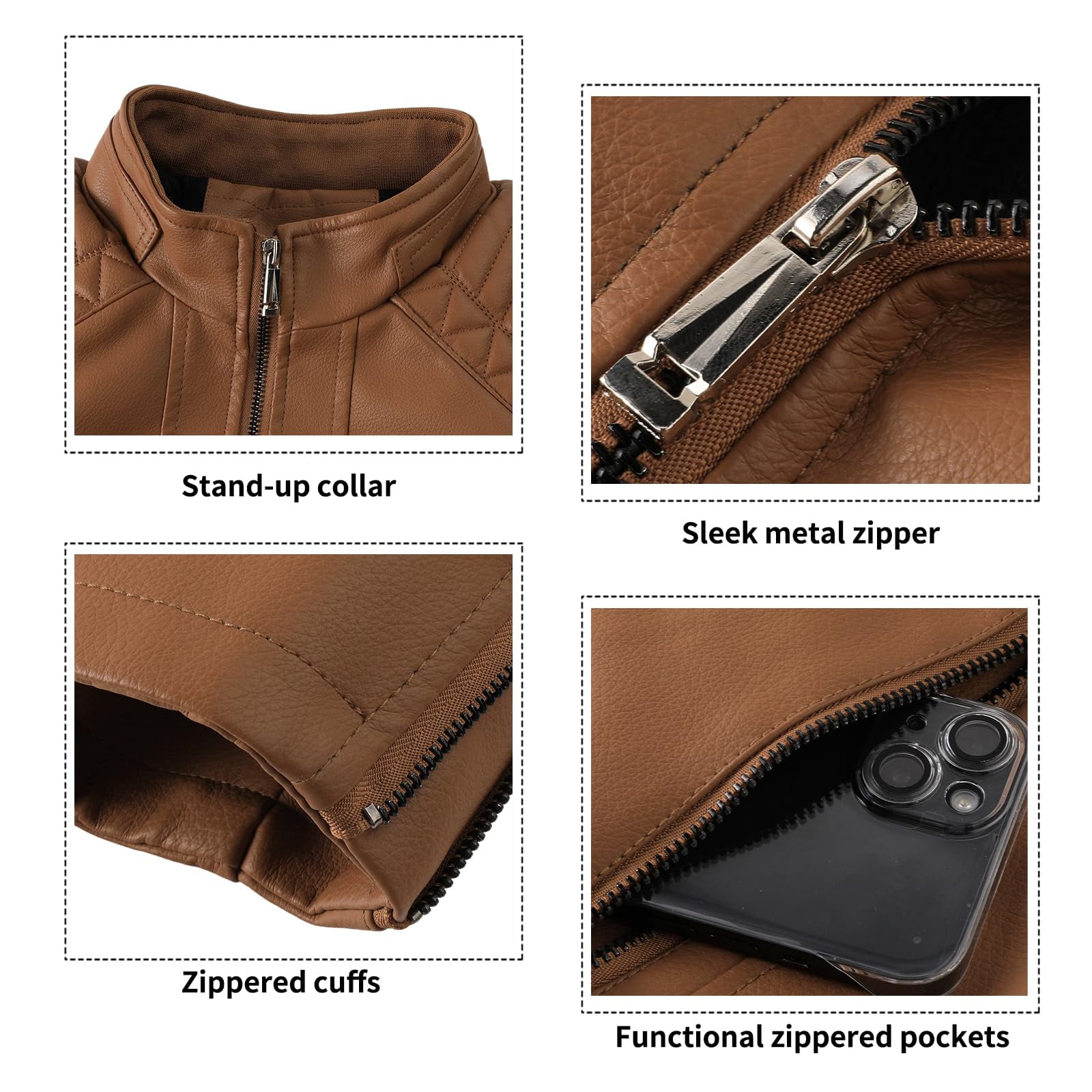 LEDUNTINO Men's Stand Collar Winter PU Faux Leather Fleece Lined Zip-Up Motorcycle Bomber Jacket Slim Fit Biker Coat