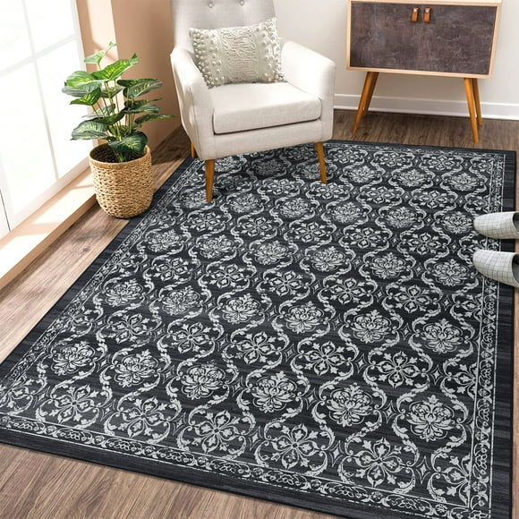GlowSol Area Rug 5x7 Vintage Rug Floral Print Floor Cover Indoor Farmhouse Thin Rug Foldable Retro Accent Rug for Dining Room Office, Gray Black