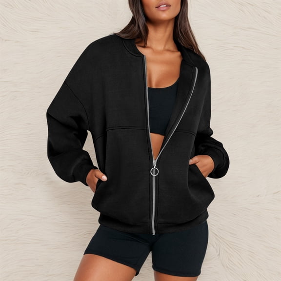 Loose Fit Long Sleeve Zip Up Sweatshirt Outerwear Women Non Hooded Design Storage Pockets Soft Casual Fall Everyday Athletic Jacket Black 2XL