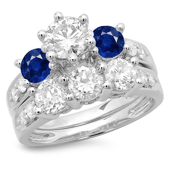 Dazzlingrock Collection 14K Blue Sapphire & White Diamond Bridal 3 Stone Engagement Ring Set, White Gold, Size 5