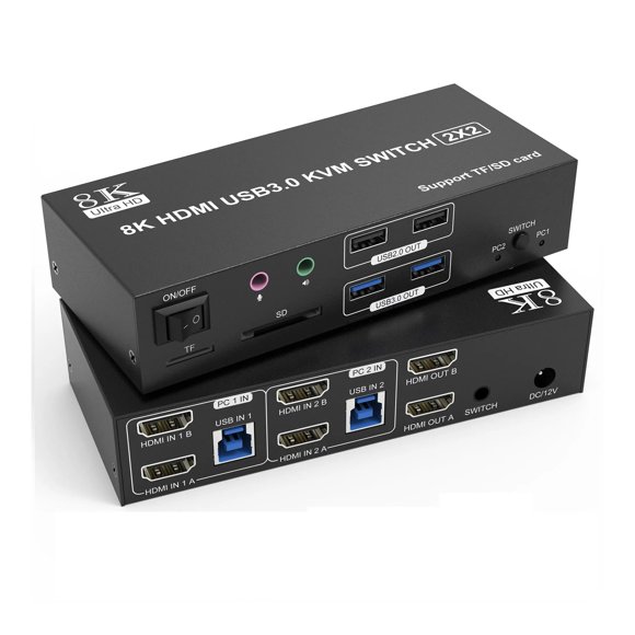Dual Monitor KVM Switch 4K120Hz 2x2 USB 3.0 DP KVM Switch 2 in 2 out 8K60Hz Mixed Display 2 Monitor 2 Computer,SD TF Ports ,enhances work efficiency