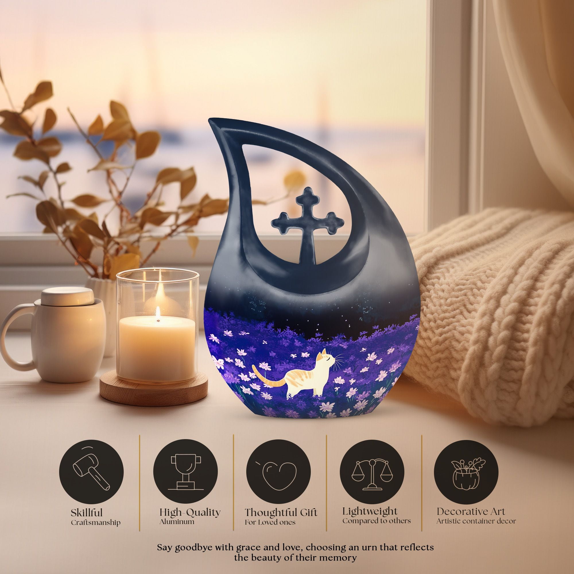 MUKTIVE White Cat Cremation Urn for Human Ashes Adult Mother & Father - Blue Cross Drop Urns for Burial - Memorial Flowers Large Urn for Men & Women (10 Inch)