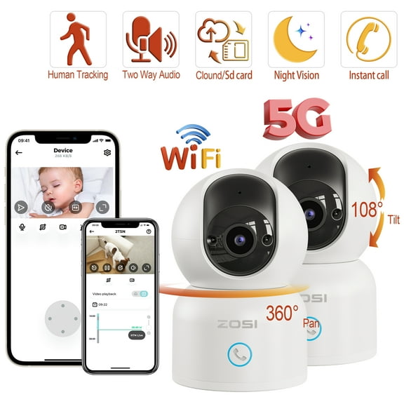 ZOSI Baby Monitor 360°View PTZ Security Camera with Audio, 2Pack 5Ghz 2K WiFi IP Camera Built in Mic, CCTV Camera for Home/Office/Market, Night Vision, PIR Motion Detection
