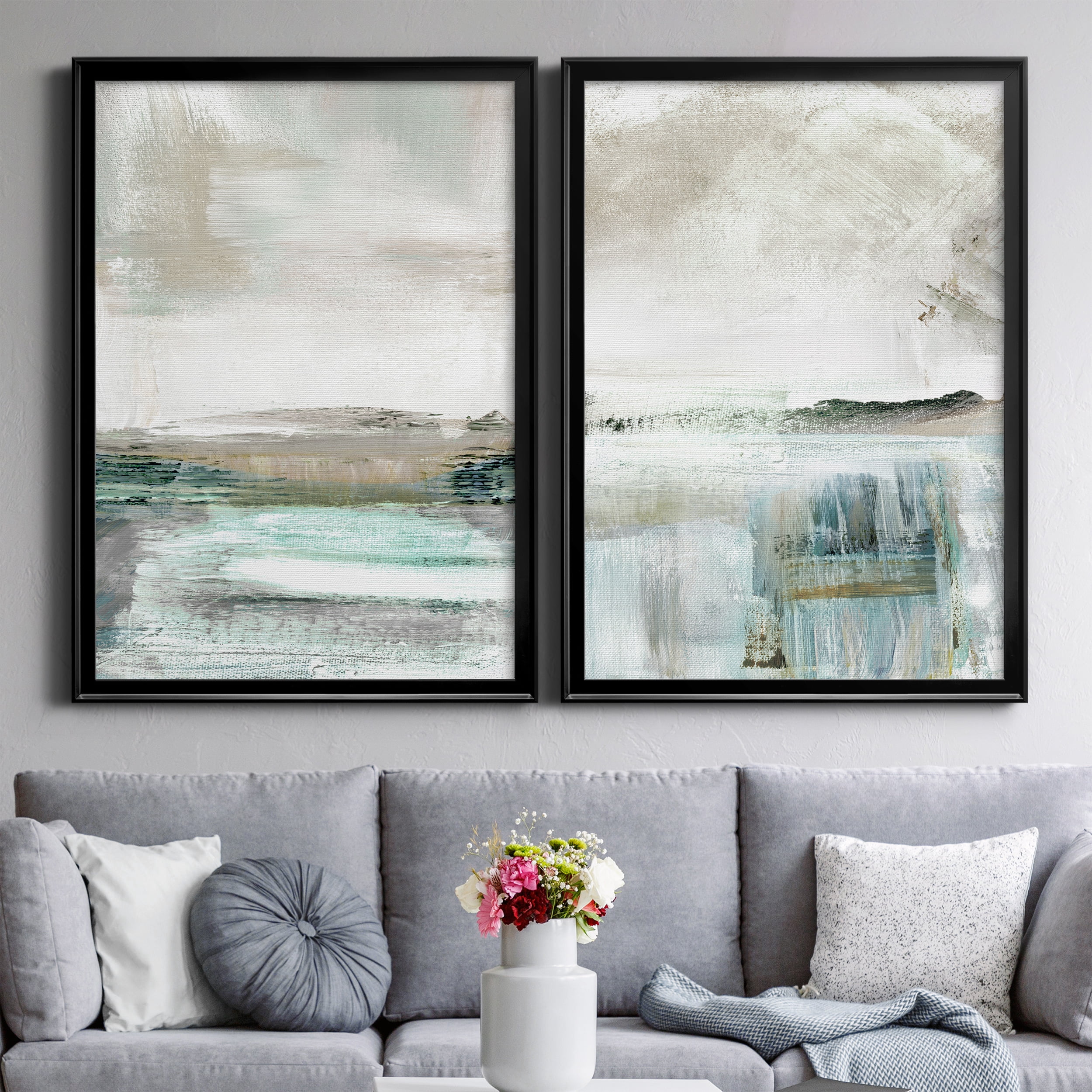 2 Piece Set Summer Teal I Premium Framed Canvas - Ready to Hang - 26.5 x 36.5 Each - Black Frame