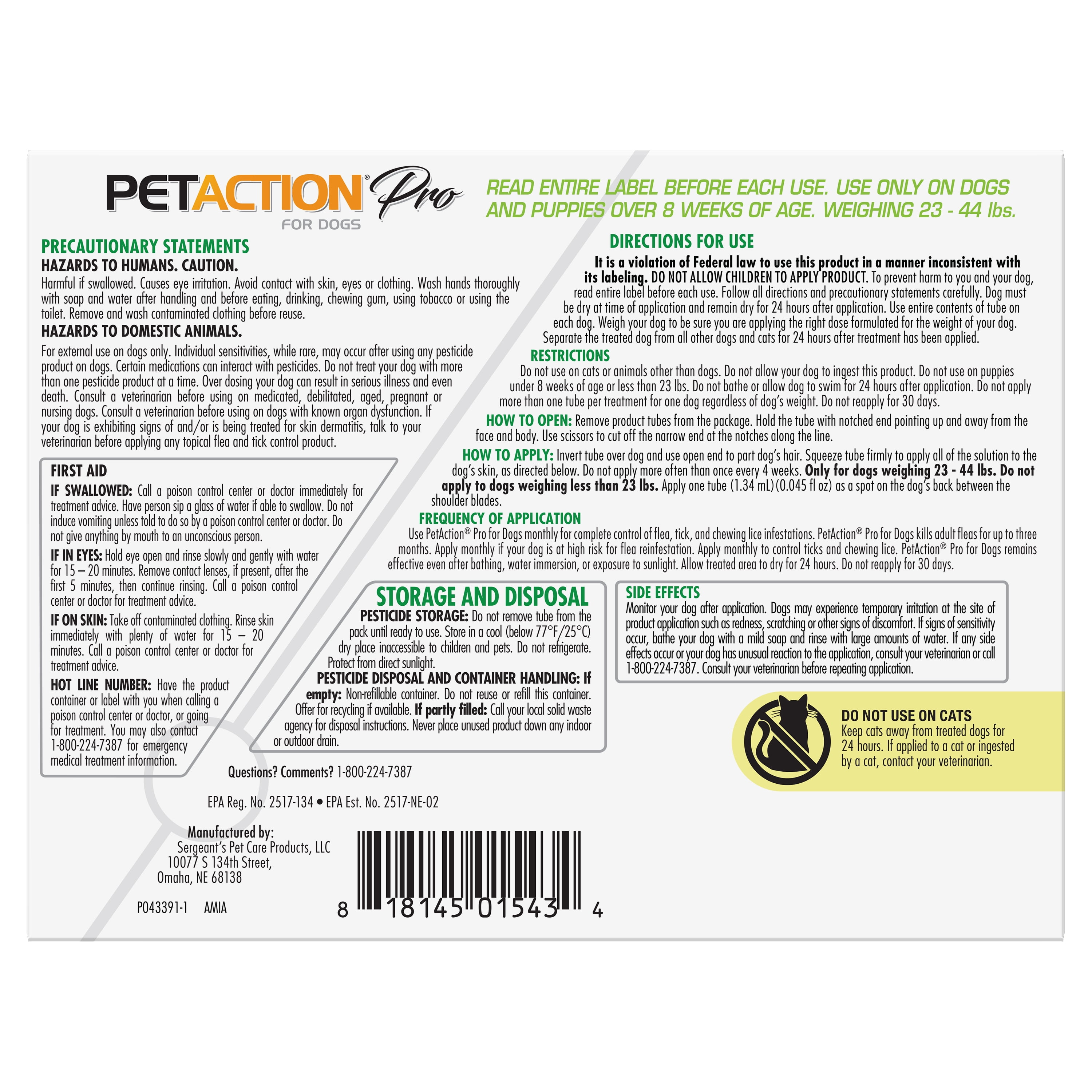 PETACTION PRO Flea & Tick Topical Treatment for Dogs 23-44 lbs, 6 Count
