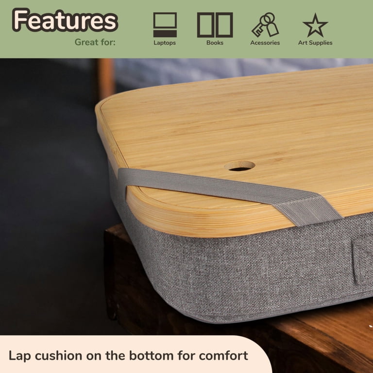 BambooMN Lap Storage Desk Set Of 4 - Grey Fabric Basket With Bamboo Lid, Holds 14" Laptop, 6qt Capacity, Magnetic Closure