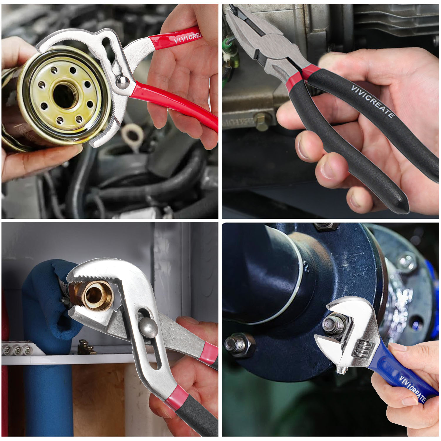 Vivicreate 4-Piece Pliers and Adjustable Wrench Set, Heavy Duty Cr-V Steel Tools with 7" Linesman, 8" Adjustable Wrench, 9" Water Pump and 10" Groove Joint Pliers for Home, Garage, and Auto Repairs