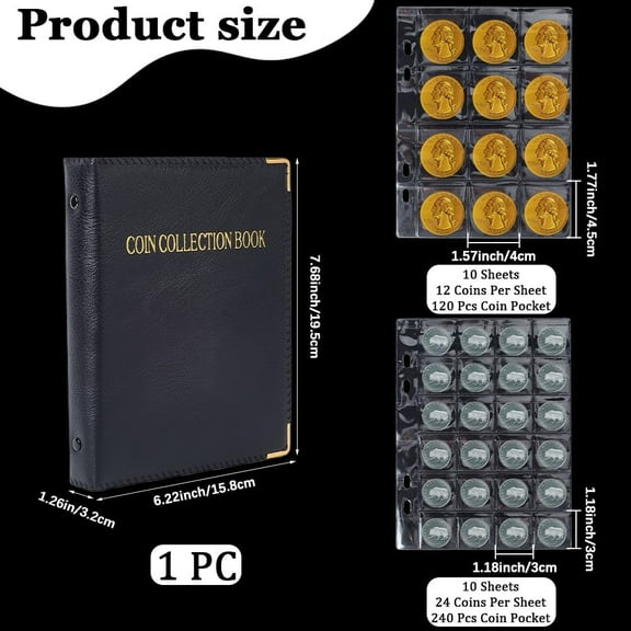 Coin Collection Book Holder Vintage Coin Albums 20 Pages 360 Pockets Black PVC Waterproof Display Storage Case Collecting Sleeves Organizer Box for Currency Bill Pennies Stamps Small Badges