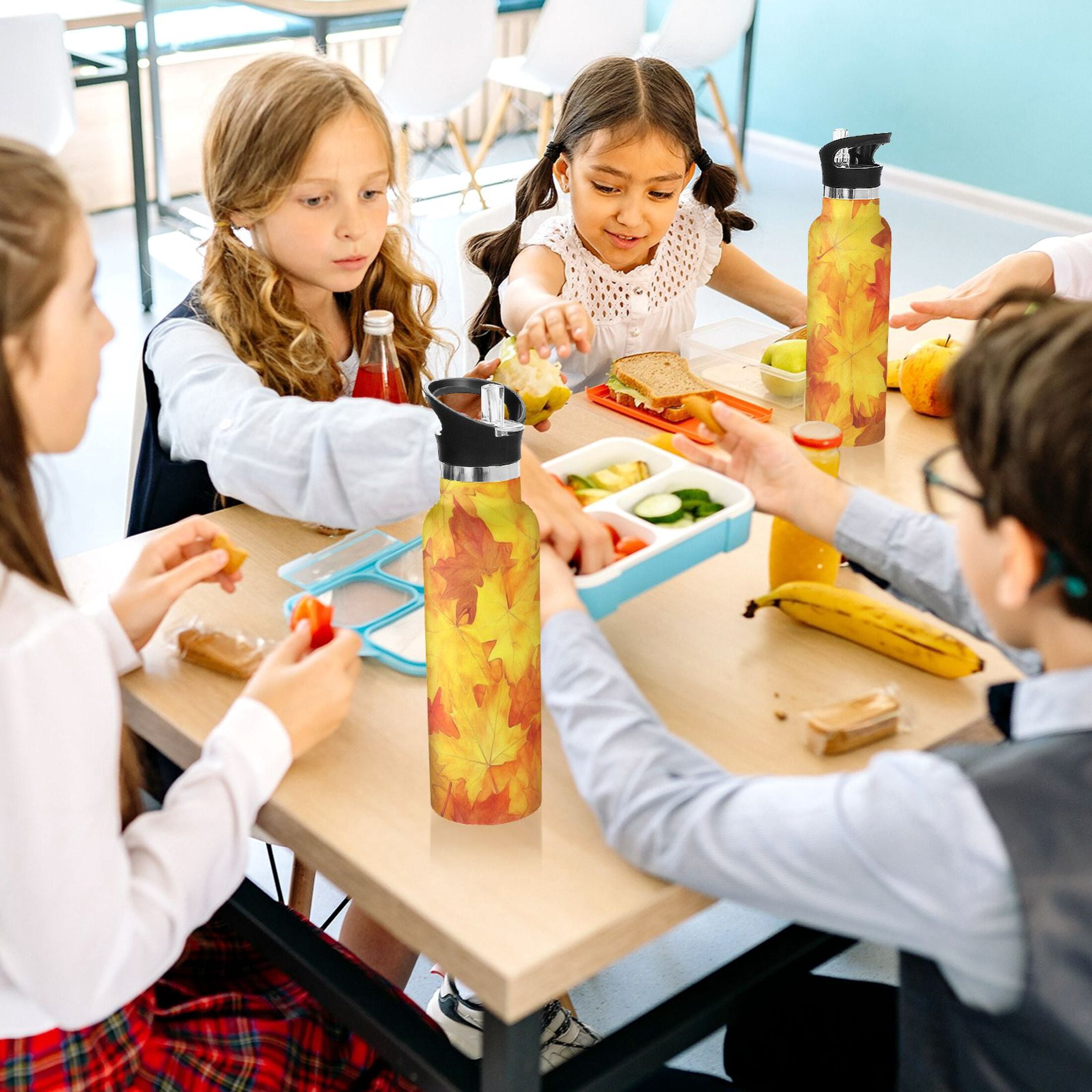 Kids Insulated Stainless Steel Sports Water Bottle 600ml (20oz) Orange Maple Leaves