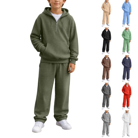 Kids Boys 2 Piece Waffle Knit Outfit, Quarter Zip Pullover Hoodie with Pocket & Elastic Waist Sweatpants, Soft Casual Sport Tracksuit White 13 Years