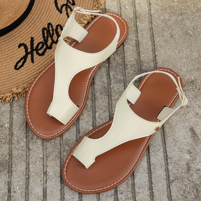 Flat Heel Womens Trendy Loop Toe Slide Sandals - Soft Faux Leather Upper Slip-on Design Open Toe Rubber Sole Lightweight Comfortable Perfect for Beach Summer Casual Occasions Shoes for Women Girls
