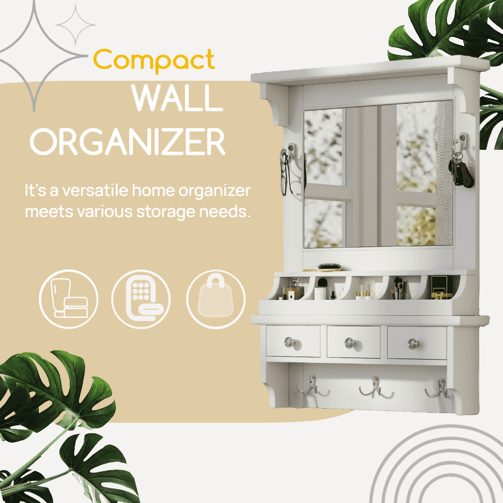 Euroco Wall-Mounted Floating Makeup Vanity with HD Mirror, Drawers, Hooks & Storage Pockets, Pre-Assembled Organizer for Entryway, Bedroom or Bathroom