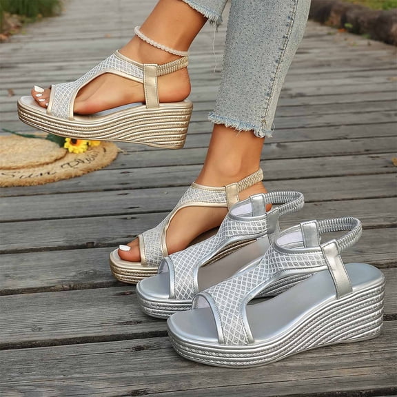 Women's Textured Wedge Sandals Wide Width Open Toe Summer Beach Sandals Elastic Back Strap Breathable Casual Walking Shoes Non Slip Platform Dress Sandals