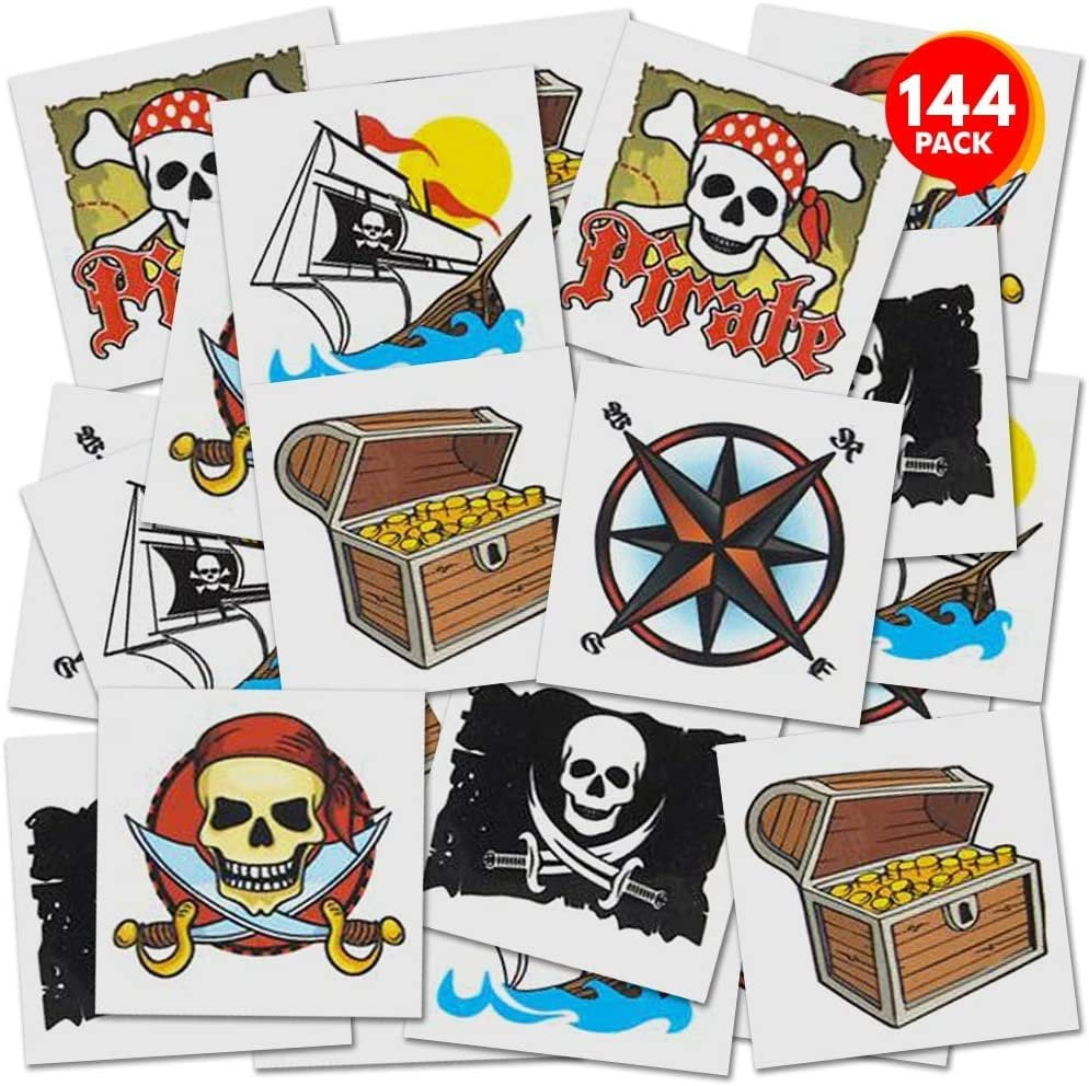 Non-Toxic 2 Inch Tats Goodie Bag Fillers Birthday Party Favors Non-Candy Halloween Treats Bulk Pack of 144 in Assorted Designs ArtCreativity Pirate Temporary Tattoos for Kids