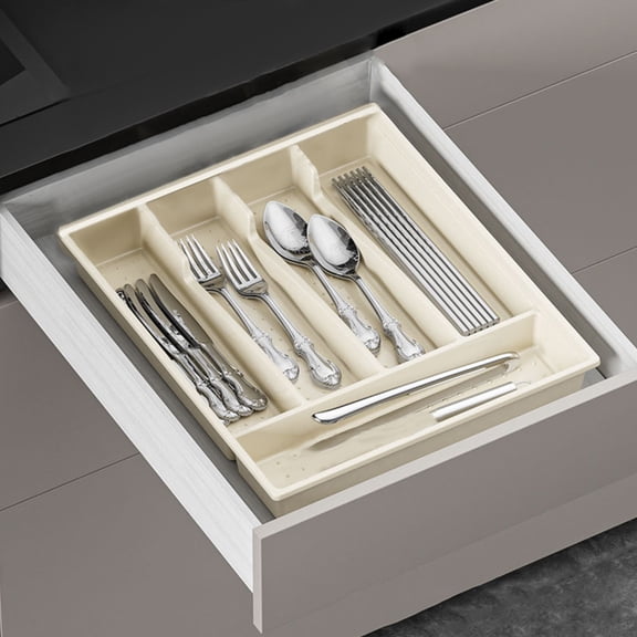 Weloille Silverware Drawer Organizer, Expandable Utensil Tray for Kitchen, Flatware and Cutlery Holder, Adjustable Plastic Storage for Spoons Forks Knives, Large, Beige