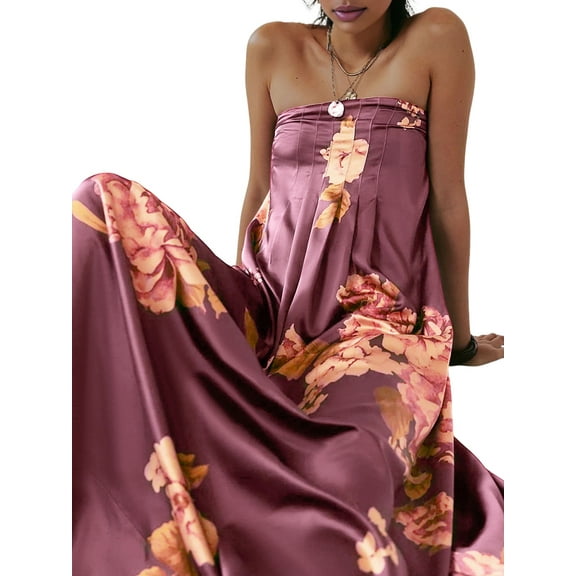 Women'S Floral Maxi Dress Sleeveless Backless A-Line Long Flowing Dress Hollow Back Spaghetti Strap Sundress Brown S