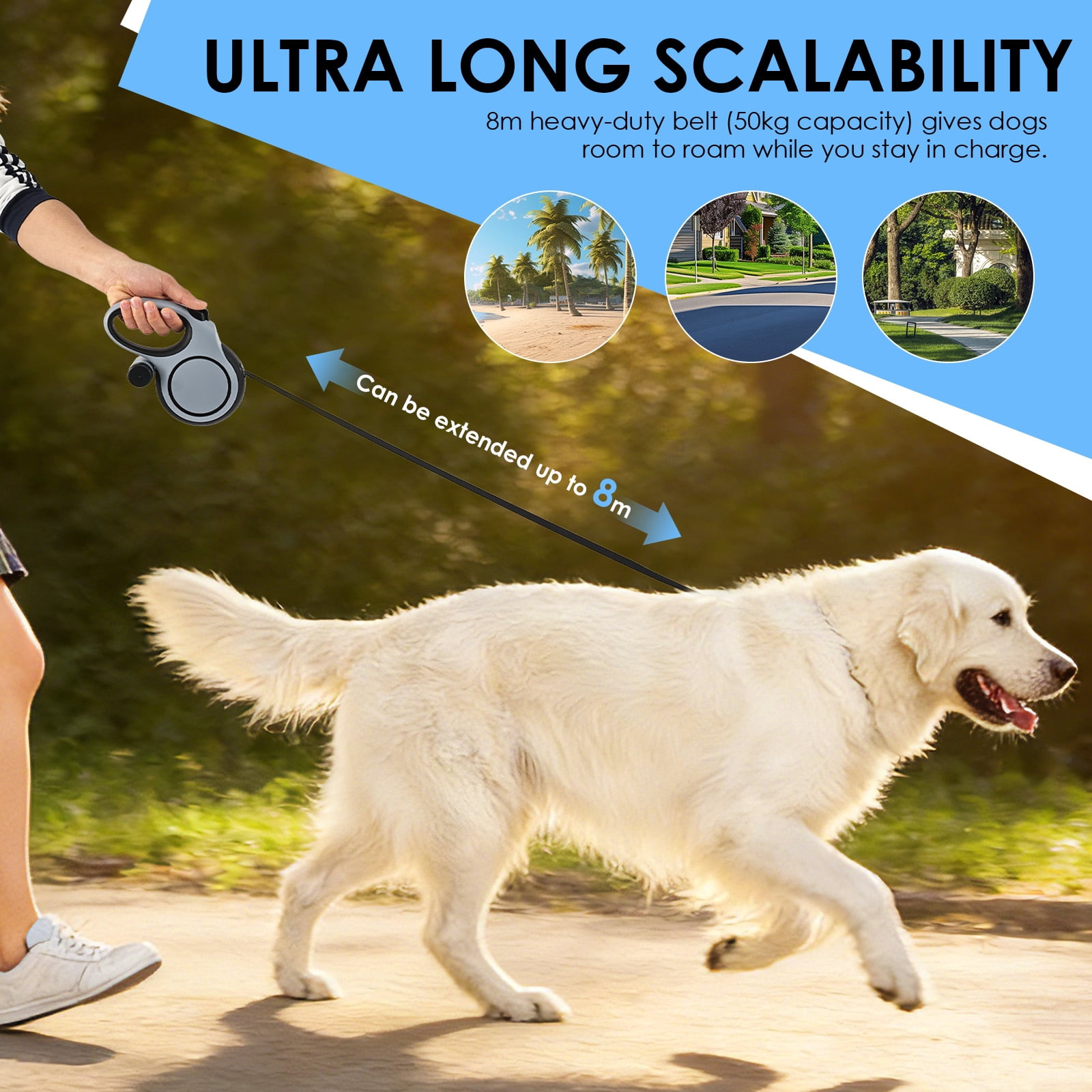 Threns Retractable Dog Leash,26 ft Heavy Duty Dog Leash for Dogs up to 110lbs,Pet Walking Leash with Waste Bag,Strong Nylon Tape,No Tangle,One-Handed Brake,Pause,Lock
