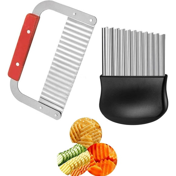 2 Pcs Crinkle Knife,Potato Crinkle Cutter,Wave Knife Crinkle Choppers, French Fry Slicer Waffle Fry Cutter Stainless Steel Blade Wooden Handle Slicers, Fruit Vegetable Salad Cutter Cutting Tool