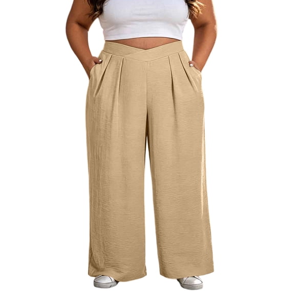 Levmjia Women's Plus Size Wide Leg Pants High Waisted Solid Color Trousers with Pockets Casual Flowy Beach Summer Dress Pants