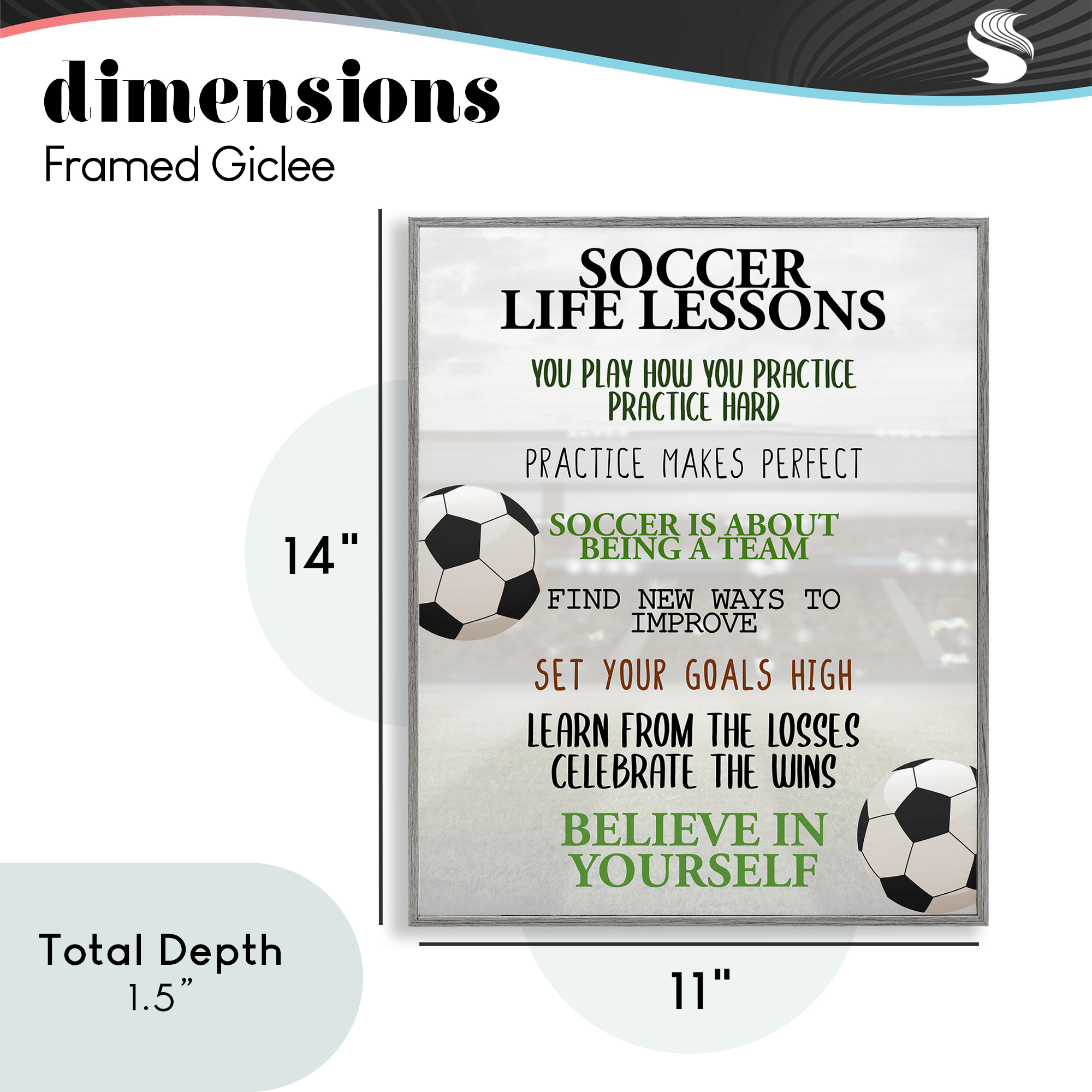 Soccer Life Lessons Gray Framed Giclee Art, design by Kim Allen