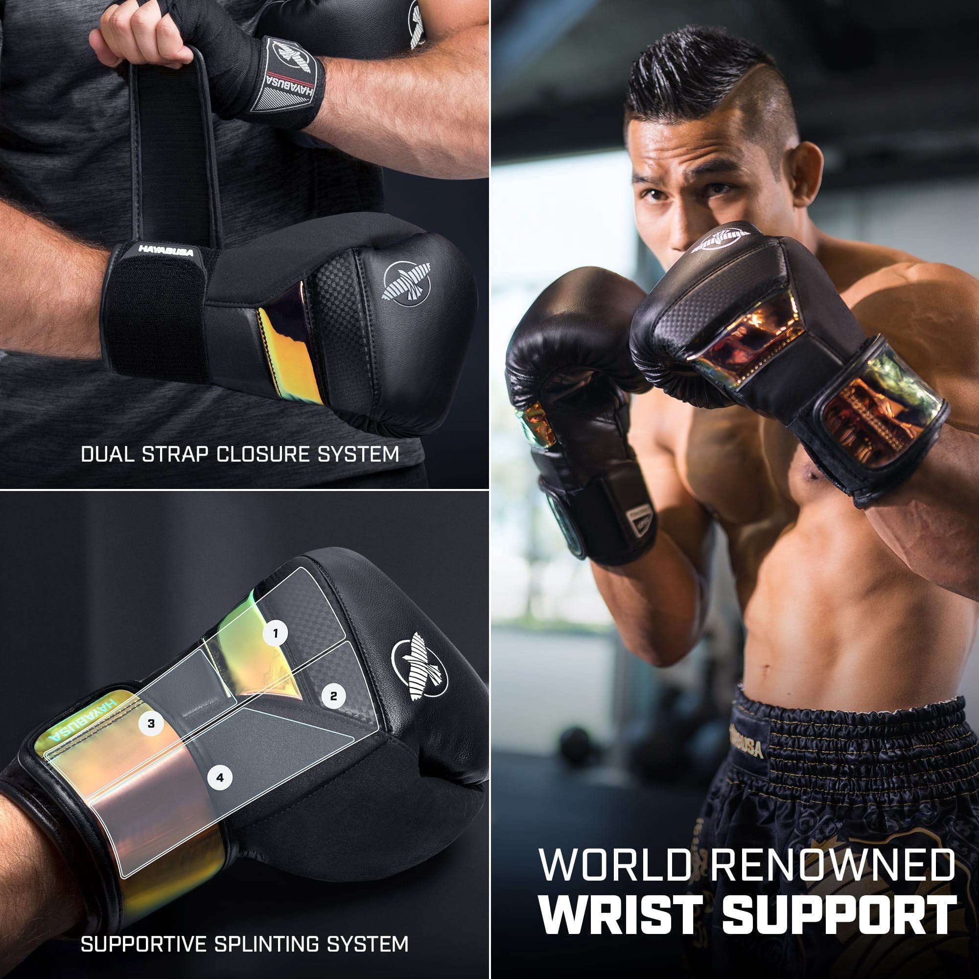 Hayabusa T3 Boxing Gloves for Men and Women Wrist and Knuckle Protection, Dual-X Hook and Loop Closure, Splinted Wrist Support, 5 Layer Foam Knuckle Padding - Black/Iridescent, 16 oz