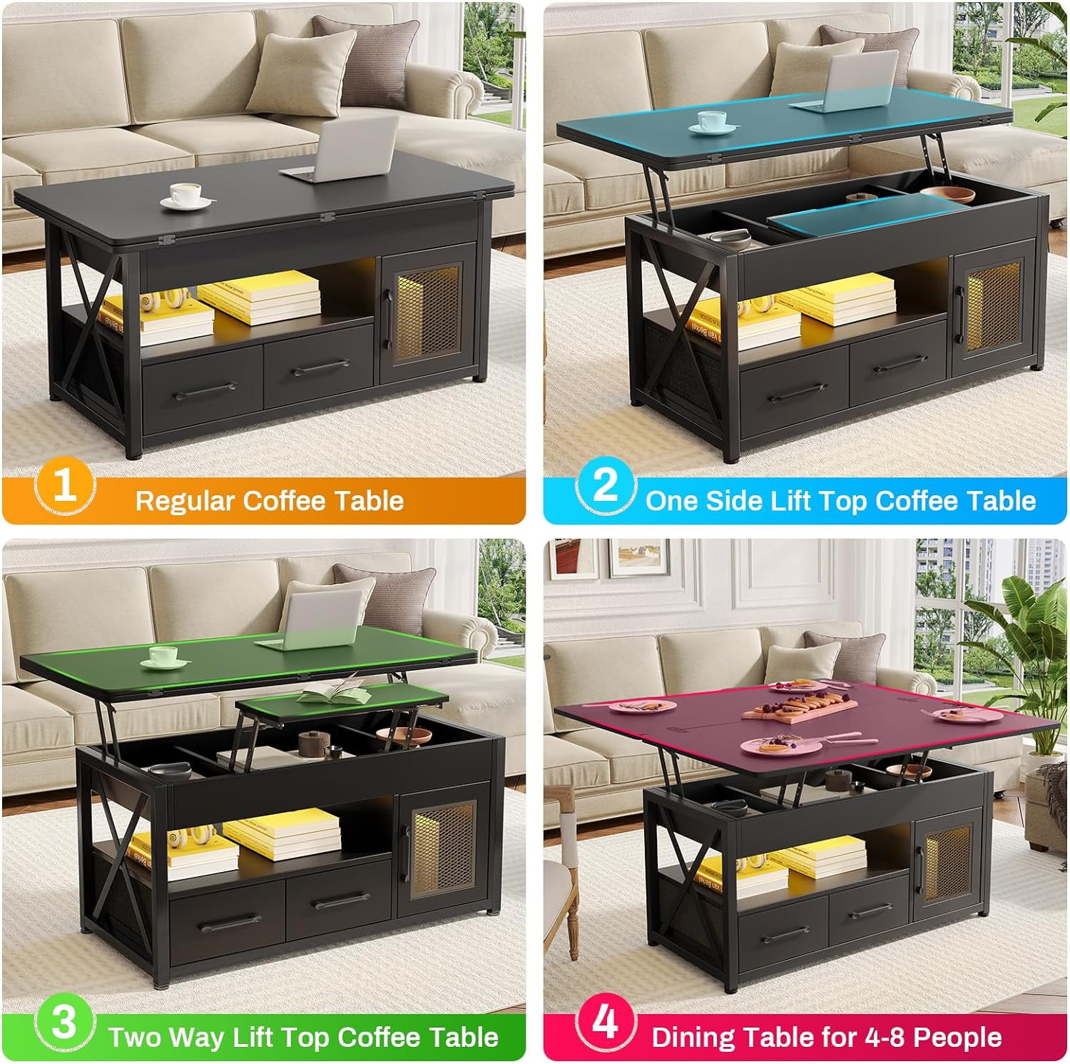 40" Lift Top Coffee Table, 4 in 1 Coffee Tables with Storage Cabinet for Living Room, Small Farmhouse Coffee Table with 2 Fabric Drawers & LED Light for Dining Room, Black