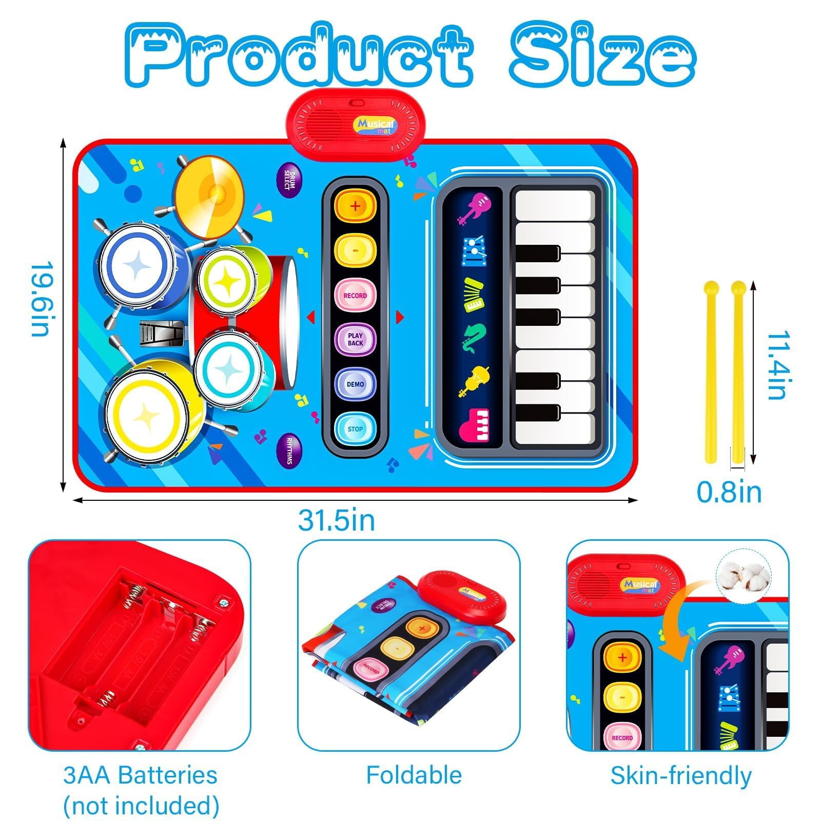 2 in 1 Musical Mat Toys Piano Keyboard & Drum Set with 2 Drum Sticks Baby Music Toy 12-18 Months Christmas Birthday Gifts