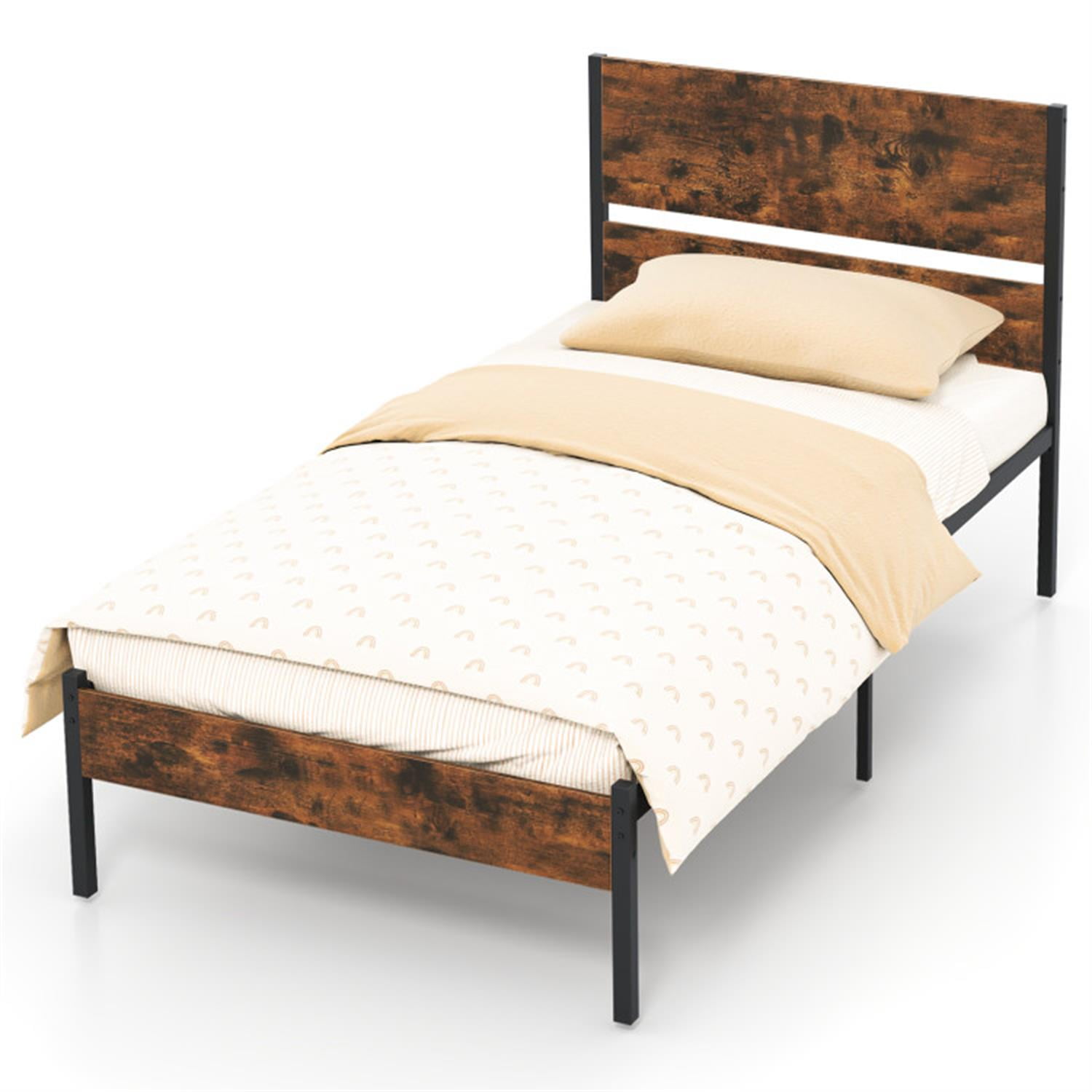 Demi Bonn Twin Size Bed Frame with Wooden Headboard and Footboard, Modern Metal Platform Bed Frame with Under Bed Storage, No Box Spring Needed, Brown
