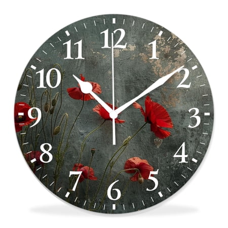 14 Inch Wall Clock Battery Operated Silent Clock Decorative for Office, Kitchen, Outdoor, Living Room，Poppy Flower Vintage Landscape Nature Scenery Vintage Natural