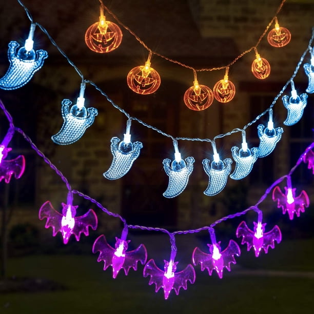 Cadena de luces decorativas, juego de 3 luces de hadas que funcionan con pilas, cadena de luces fantasma de murciélago de calabaza de 12 pies con 30 LED cada una para interiores/exteriores,