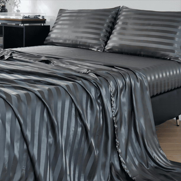 ANMINY Satin Sheets Twin Silk Sheets Dark Gray Stripe Bed Sheet Set