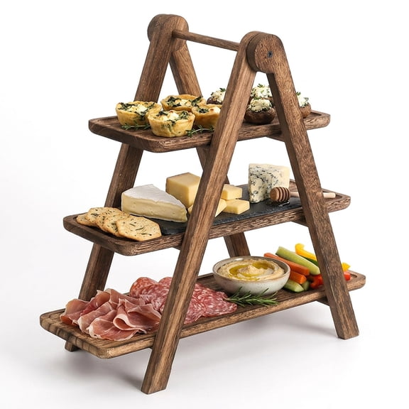 3-Tier Collapsible Wooden Serving Tray Rack, Pyramid-Style Rustic Display Stand with Handle, Space-Saving Kitchen Counter Organizer
