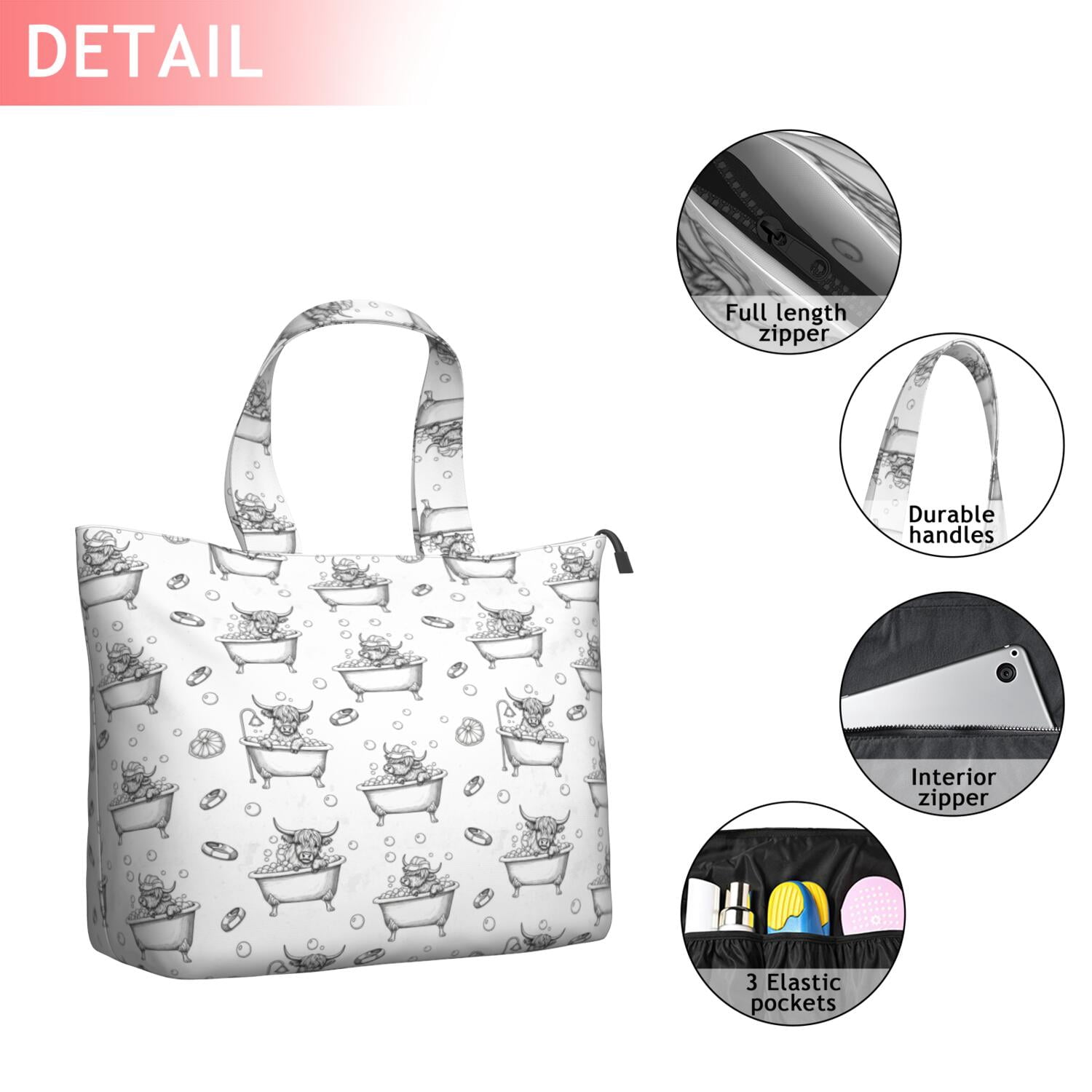 White Highland Cow Bathtub Bubble Pattern Travel Tote Bags for Women Carry On,Large Weekender Bags for Women Travel,Multi Functional Duffle Bag for Work,Shopping,Sports