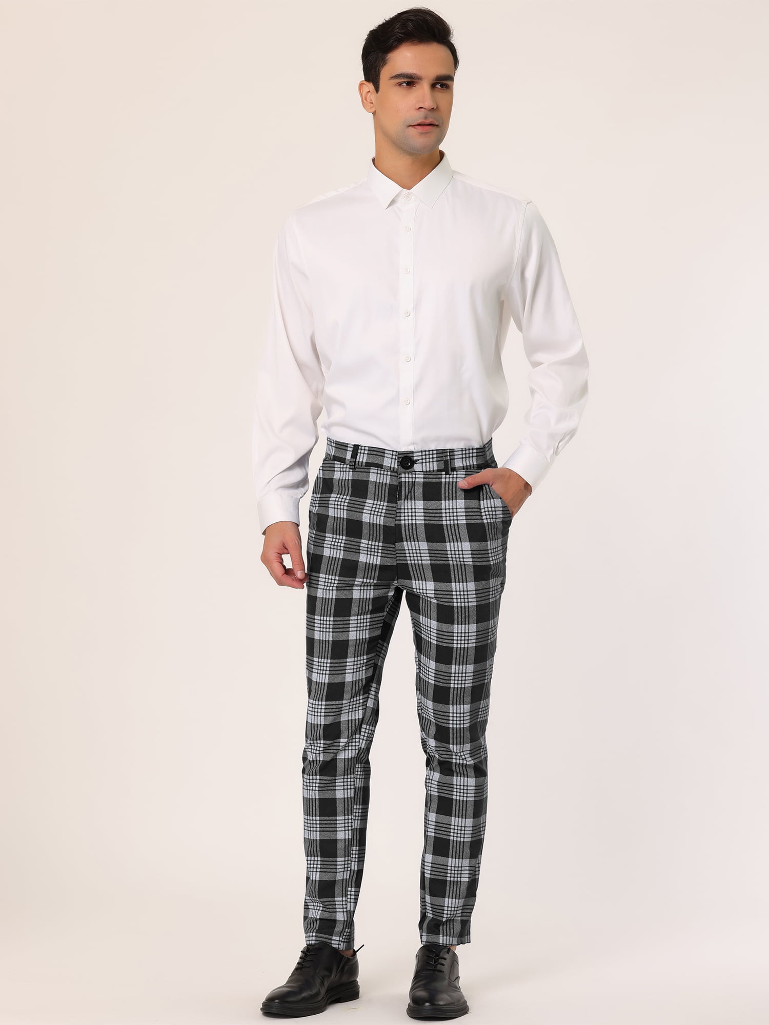 Unique Bargains Men's Plaid Dress Pants Casual Slim Fit Checkered Business Trousers 38 Black