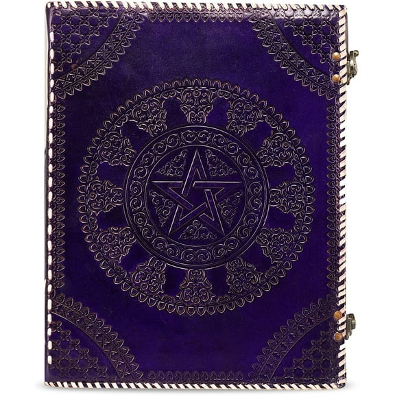 Vintage Leather Bound Journal Handmade Embossed Pentagram Star Notebook A4 Personal Sketchbook Thought Blank Book with Unlined Pages for Writing and Sketching in Purple
