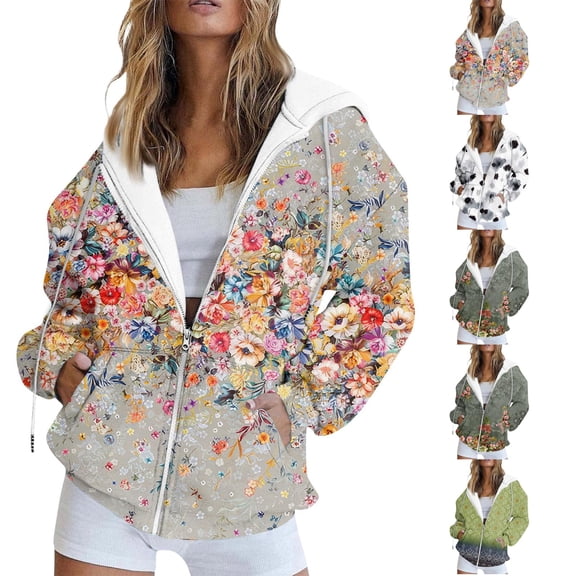 Floral Zip-Up Hoodie for Women, Long Sleeve Oversized Sweatshirt Jacket - Casual Loose Fit Lightweight Outerwear with Pockets Army Green L
