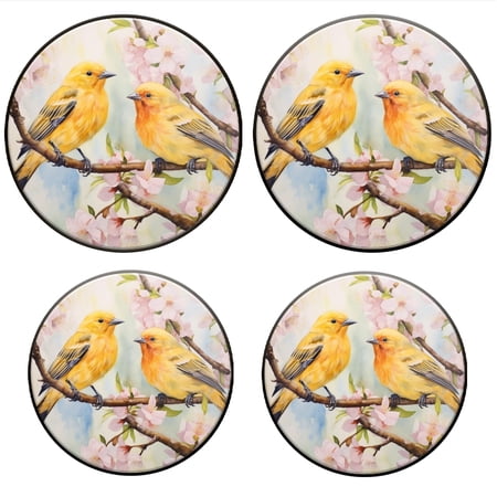 Bahomeck Electric Stove Burner Covers Set Of 4,Two Yellow Canary Birds Perched On Cherry Blossom Tree Branches Metal Gas Stove Burner Covers,Protecting Gas Stoves,8 Inch And 10 Inch