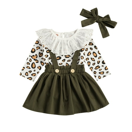 

Multitrust Girl Three Piece Set Leopard Romper Strap Skirt Bow Tie for Toddlers