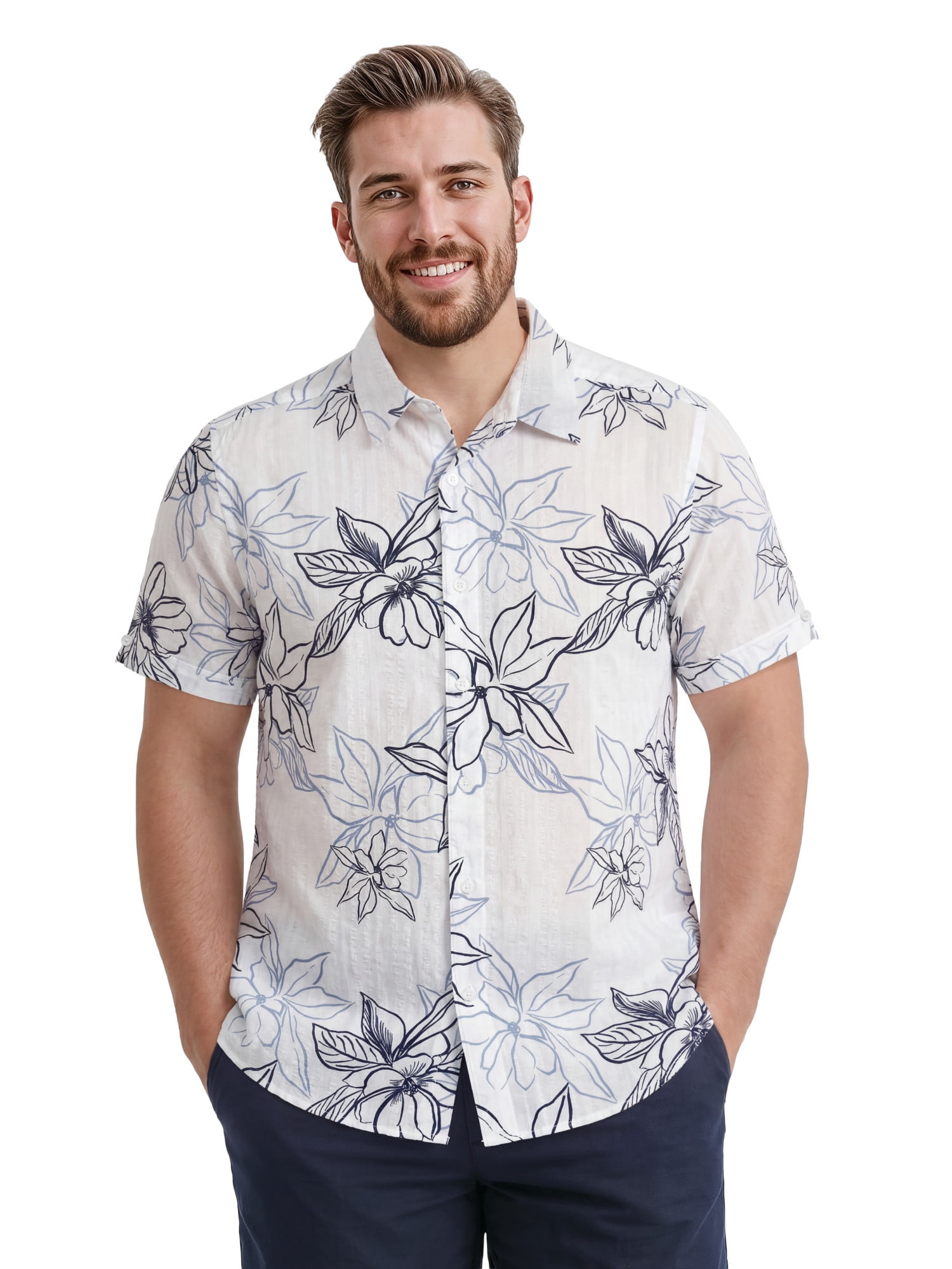 Cafe Luna Men’s and Big Men’s Seersucker Tropical Floral Print Short Sleeve Button-Down Shirt, S-5XL