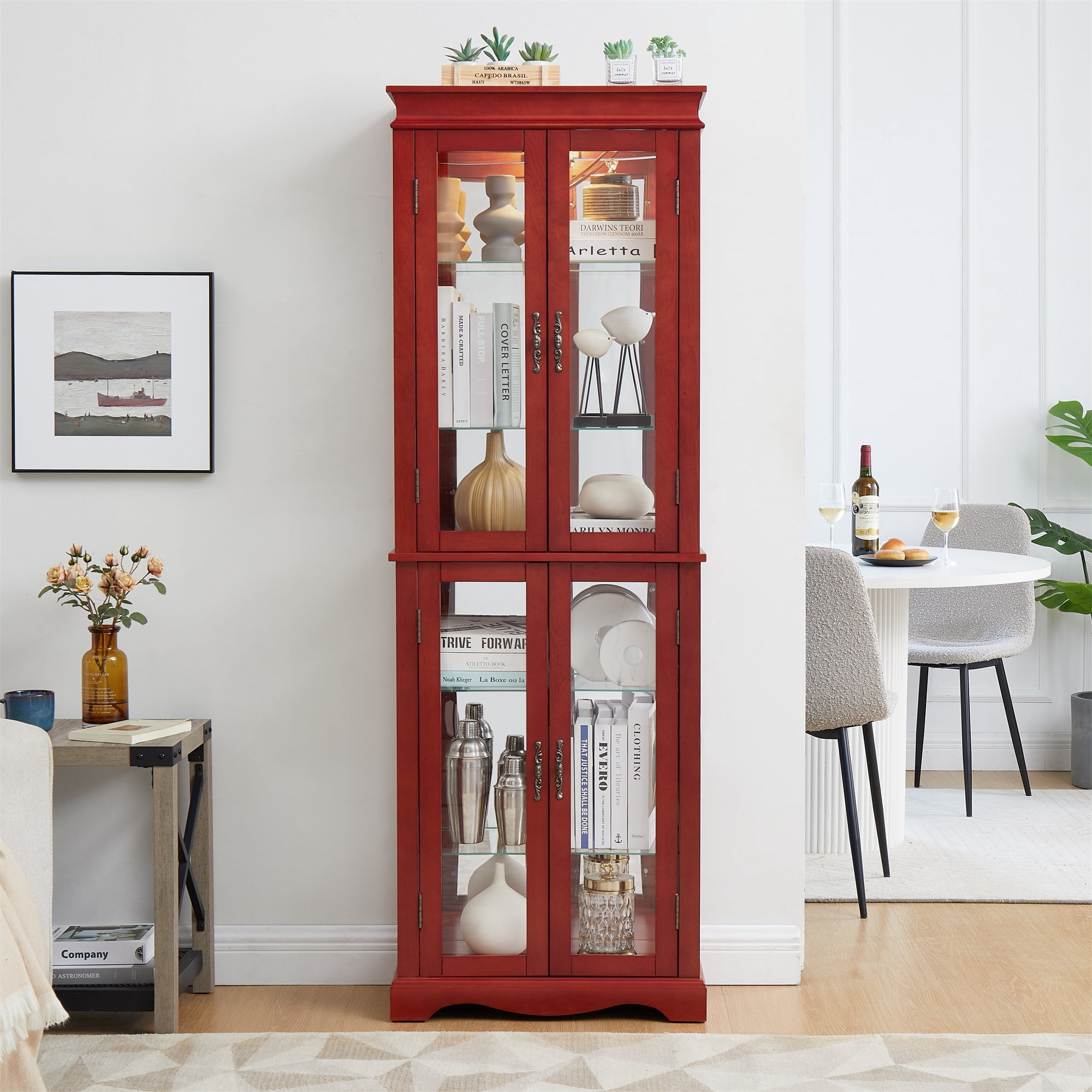 Miniyam Wood Curio Display Cabinet with Light, Glass Door for Living Room, Cherry