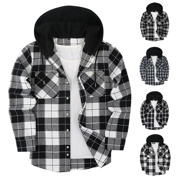 Dovford Men's Flannel Hoodie Shirts Casual Button Down Plaid Shirt Jackets for Men Long Sleeve Stylish Hooded with Pocket