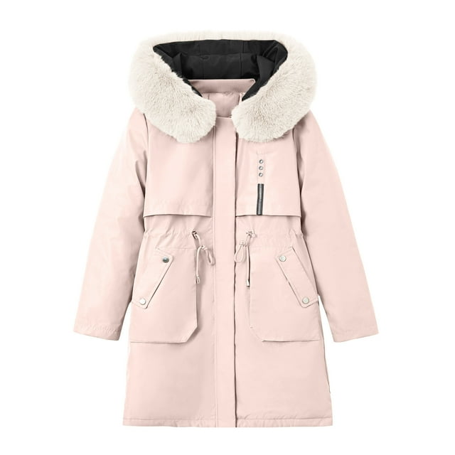 Yuyuzo Winter Jackets for Women Hooded Long Sleeve Patchwork Drawstring Waist Button Zipper Coats with Pockets