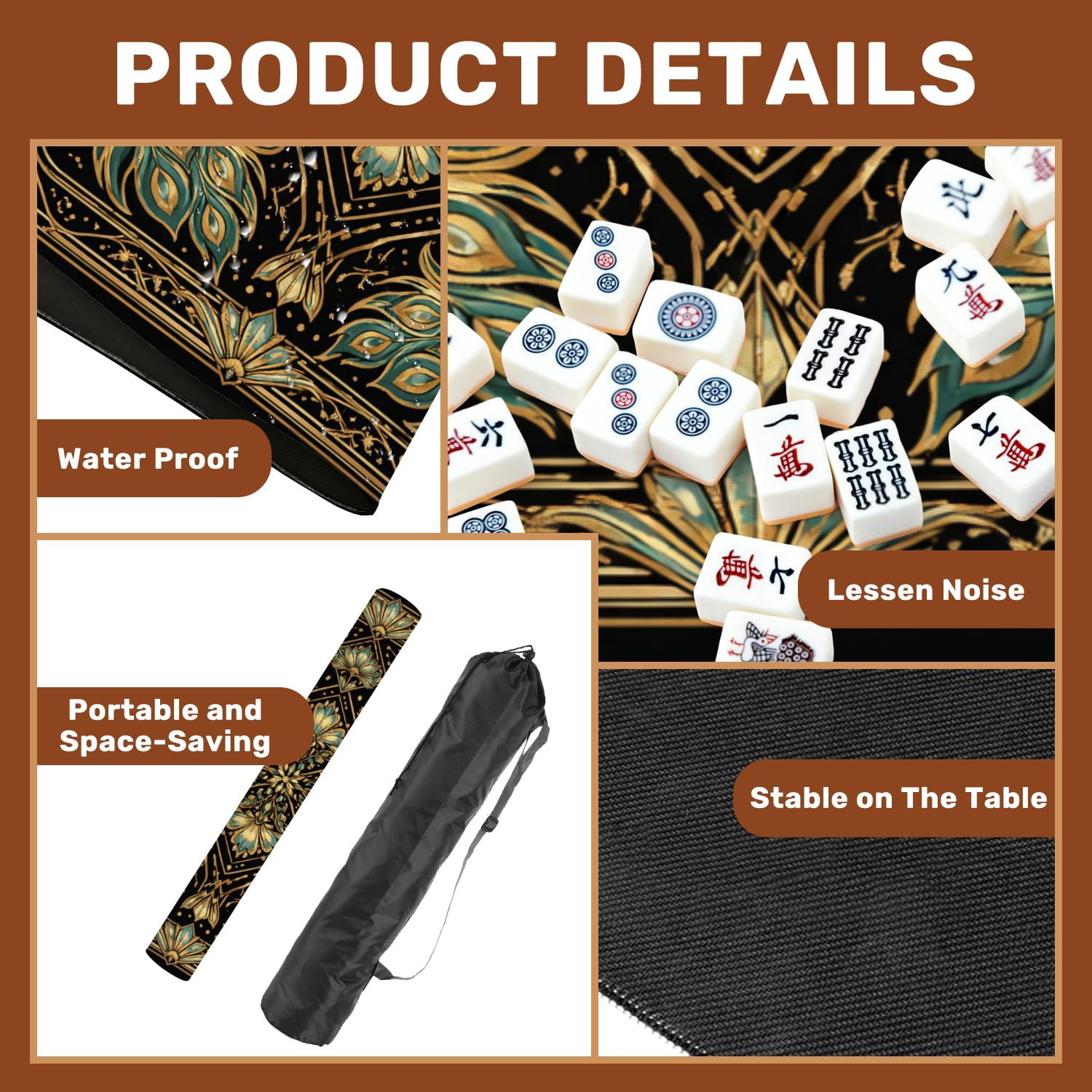 Mahjong Mat 31.5" x 31.5" Art Deco Peacock Gold Geometric Design Black Non-Slip Noise Reduction Mahjong Tiles Table Cover for Dominoes Poker Card Board and Tile Games
