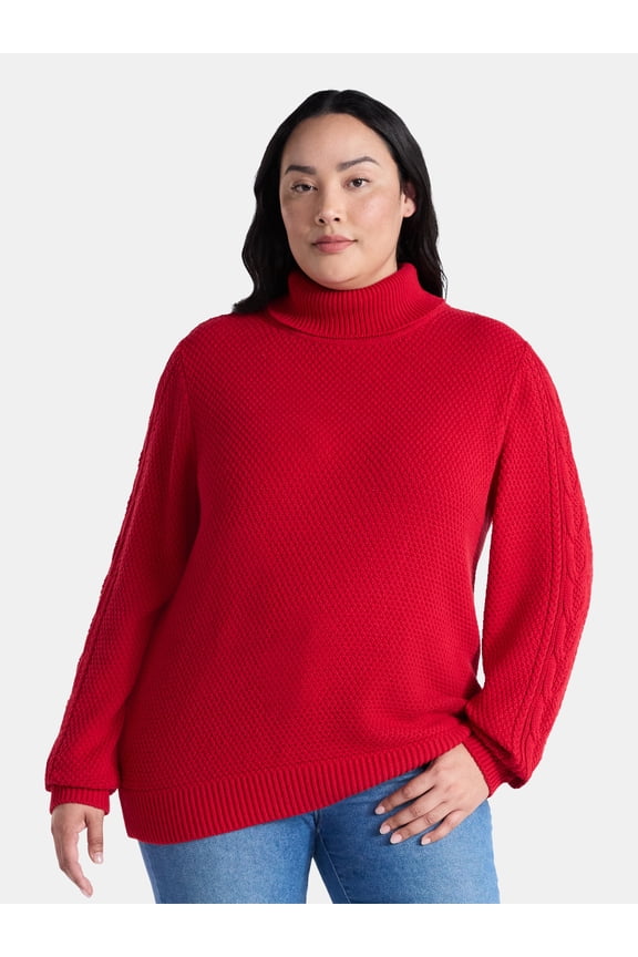 Womens and Womens Plus Turtleneck Sweater with Cable Sleeves, Midweight, Sizes XS-4X