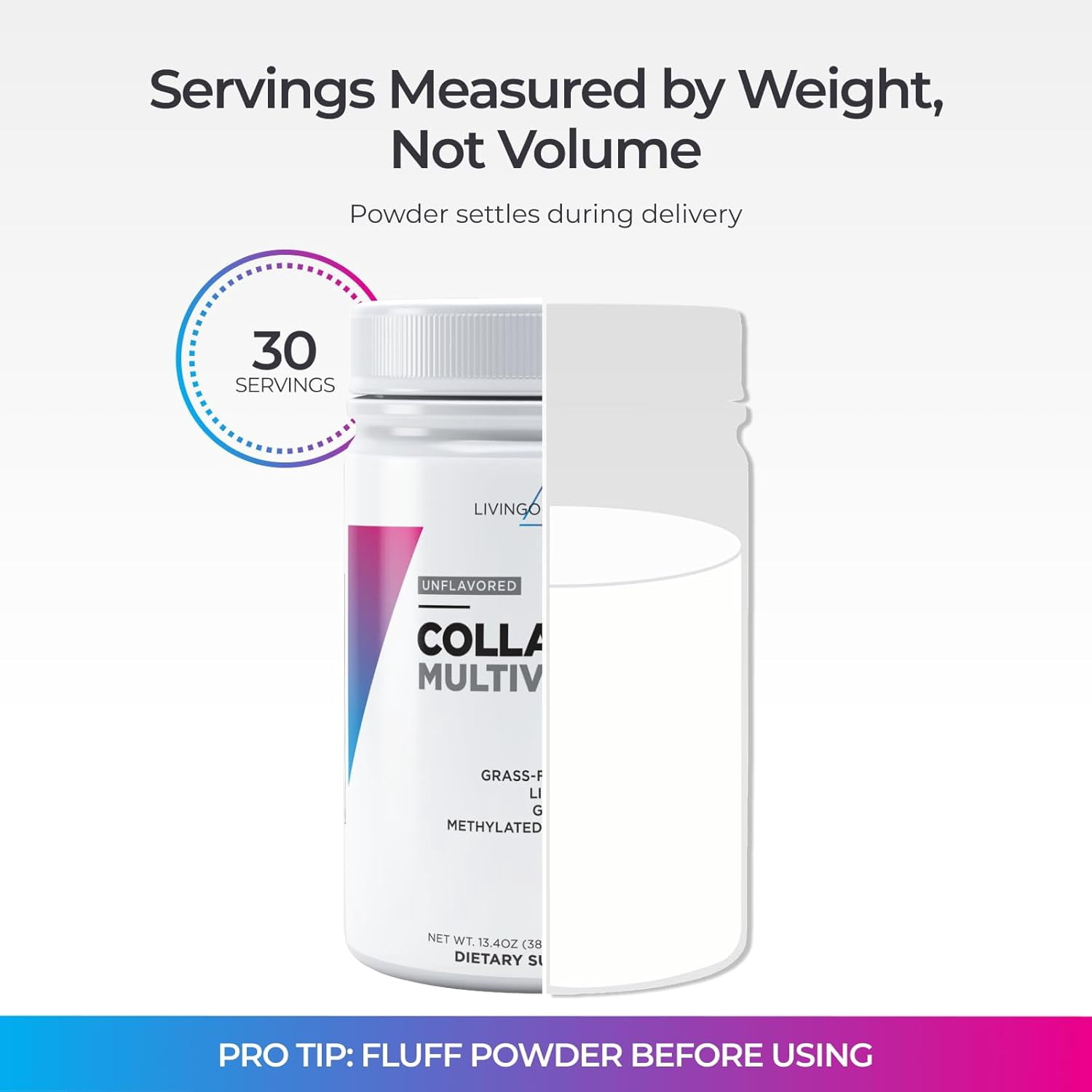 Livingood Daily Collagen Peptides Powder Unflavored, 30 Servings - 4in1 Grass Fed Hydrolyzed Collagen Powder with Multi Vitamins