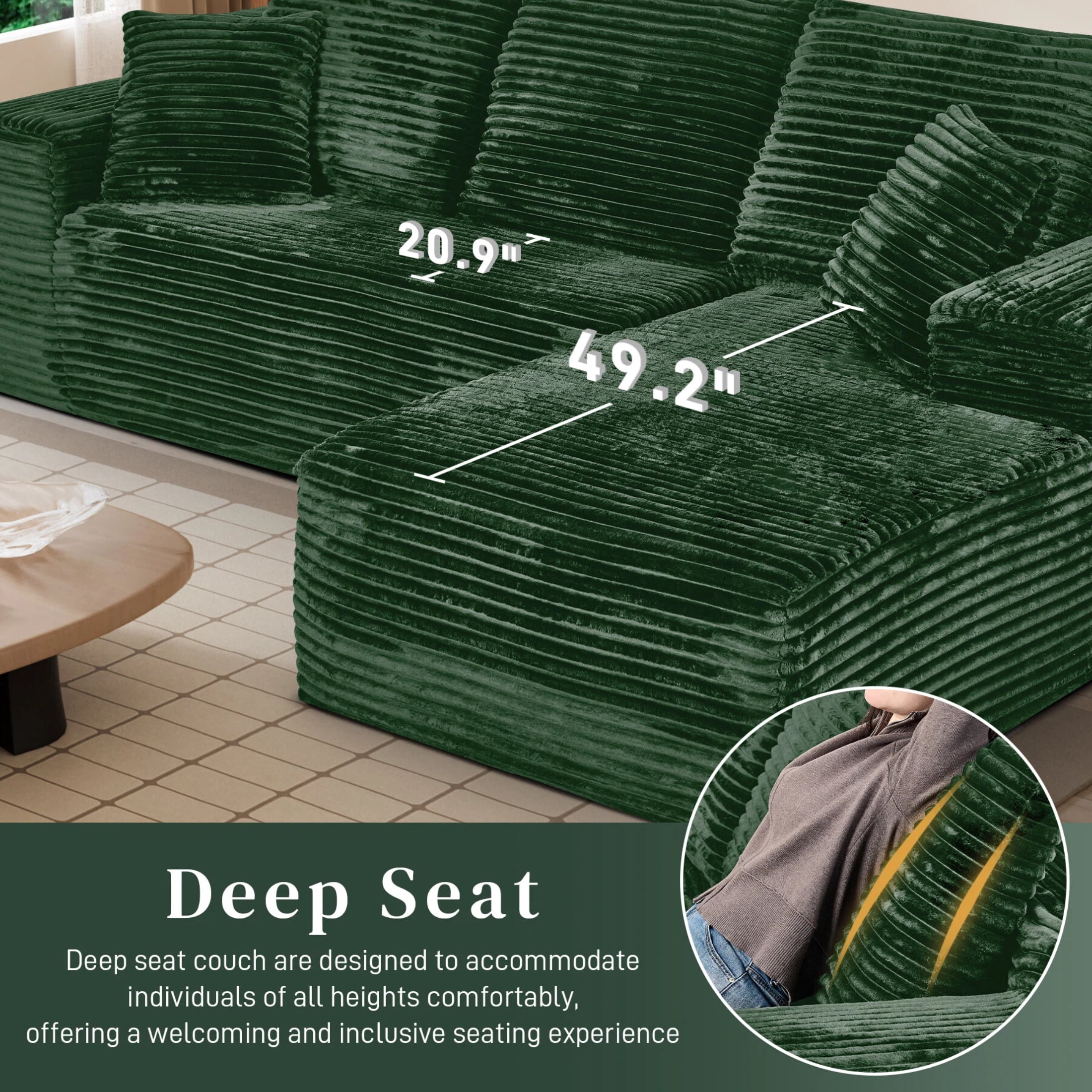 AISWORD 107.5" Corduroy Boneless L Shaped Modular Sectional Sofa with Right Facing Chaise, Deep Seat Compressed Couch with Throw Pillows, No Assembly Required, Green